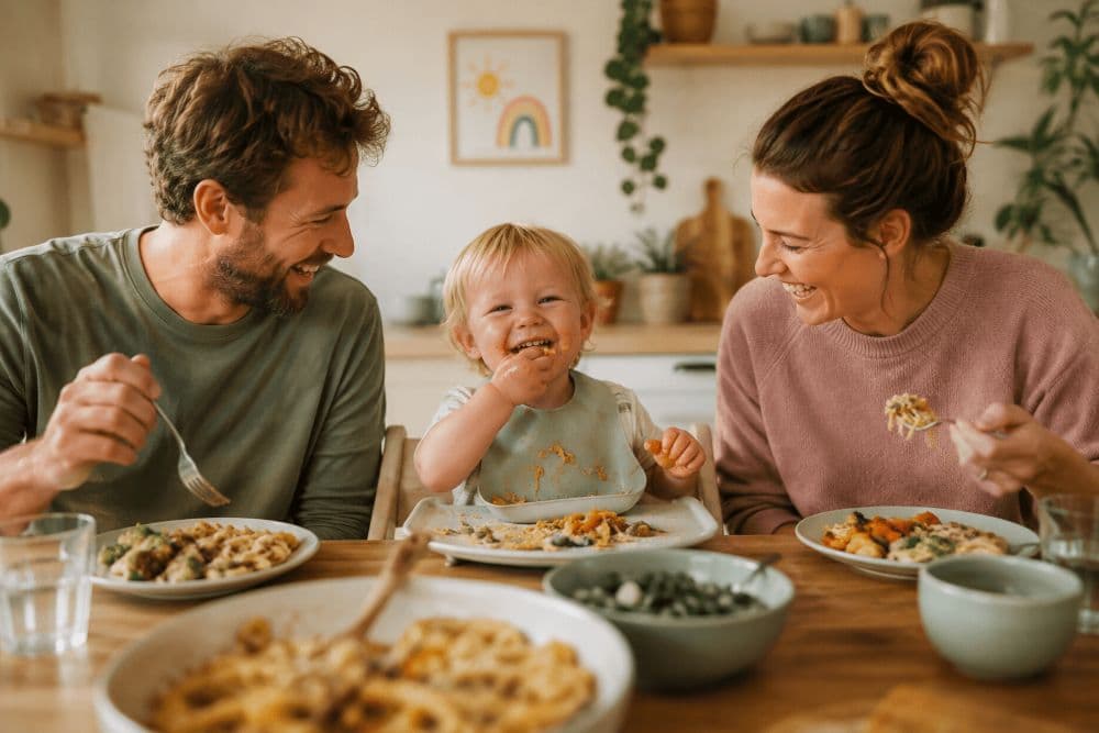 Vader, moeder en dreumes lachen samen aan tafel tijdens het eten van pasta