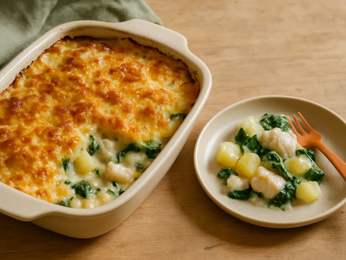Aardappel-visschotel met spinazie in een ovenschaal