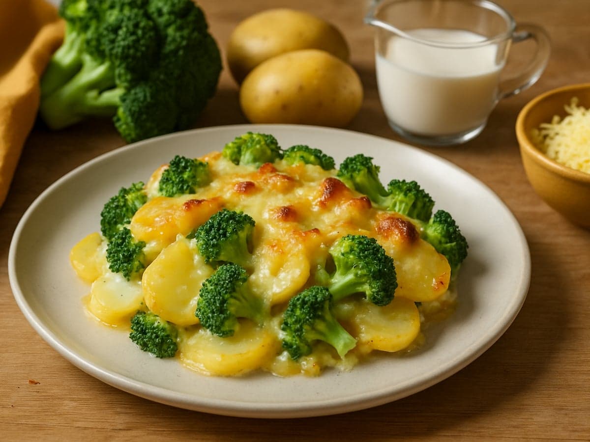 Aardappelgratin met broccoli en kaas op een bord