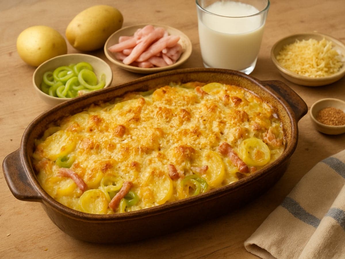 Aardappelgratin met prei en ham in een ovenschaal