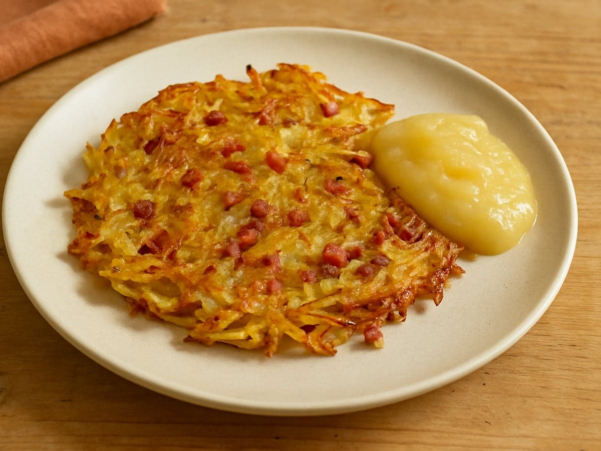 Aardappelrösti met spekjes en appelmoes op een bord