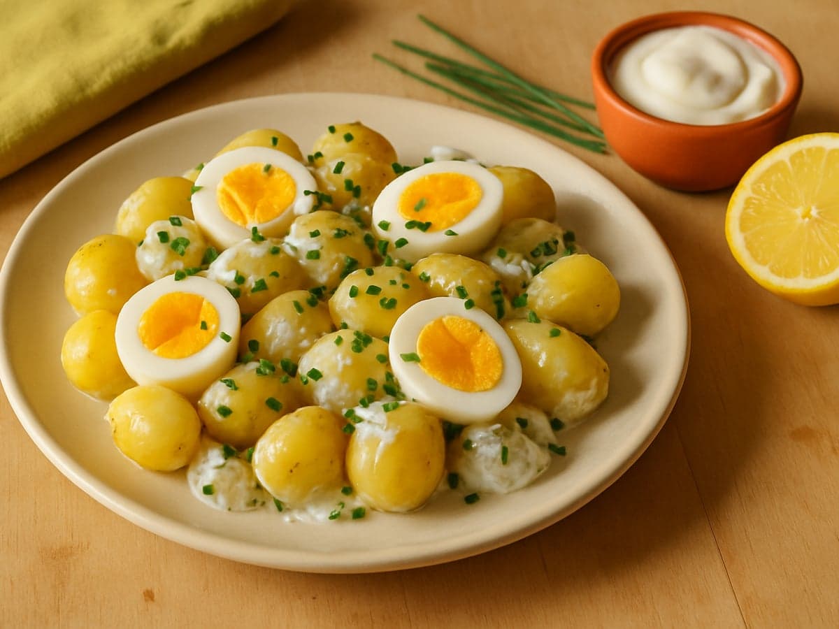 Aardappelsalade met ei en bieslook op een bord