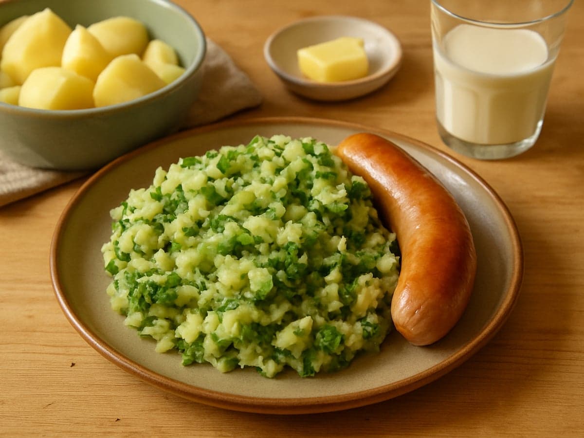 Andijviestamppot met kipworst op een bord