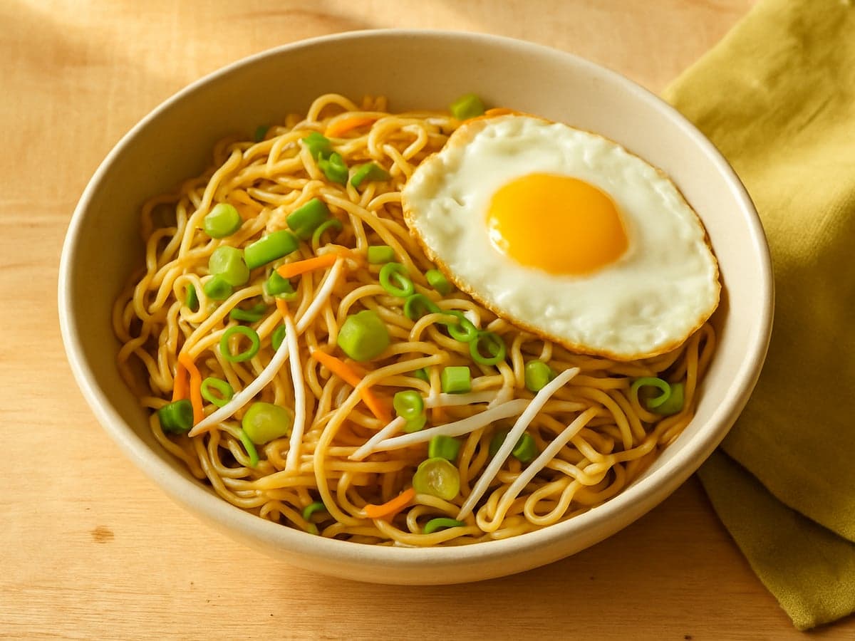 Bami met ei, prei en taugé in een schaal