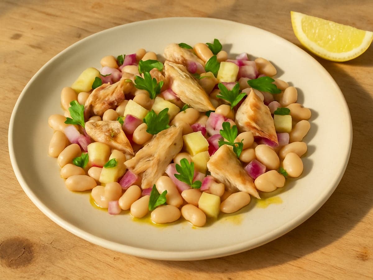 Bonensalade met makreel en appel op een bord