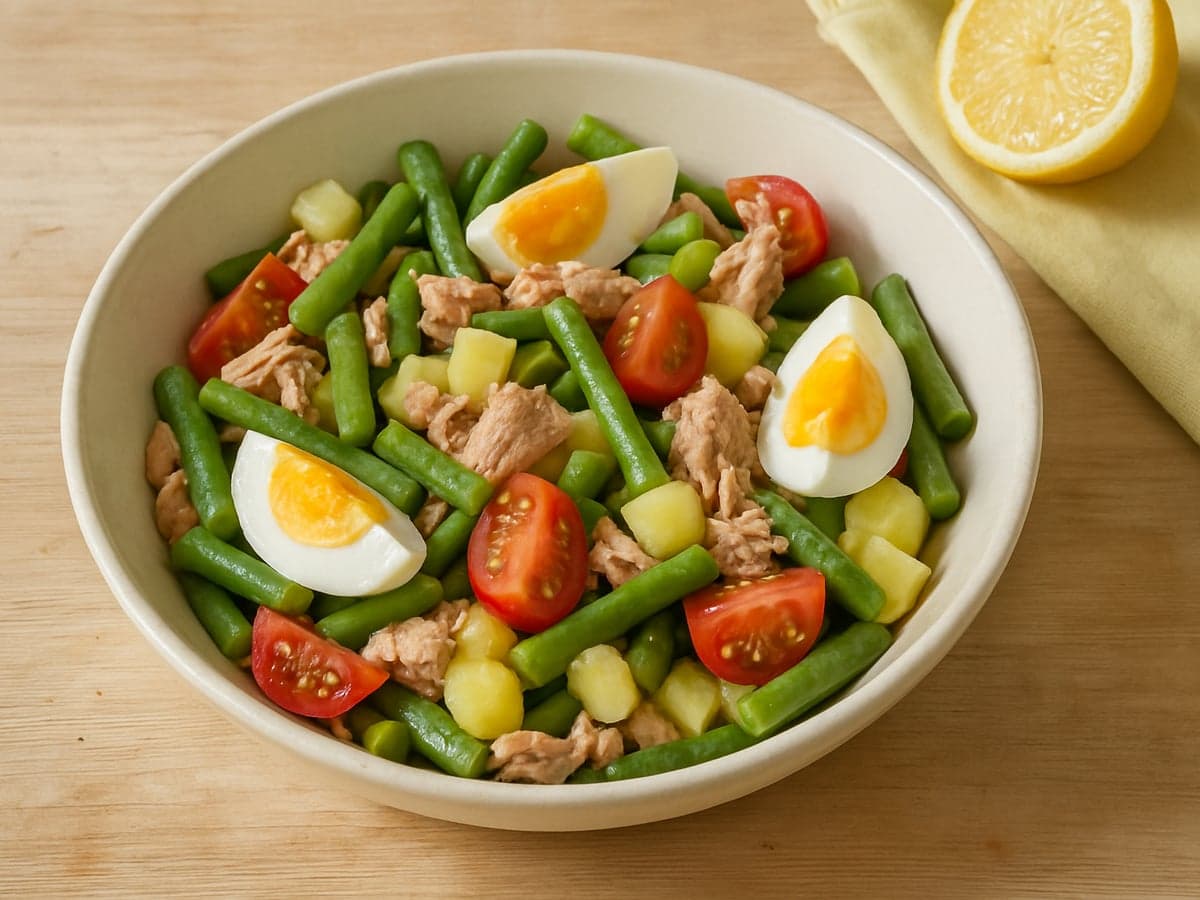 Bonensalade met tonijn en ei in een schaal
