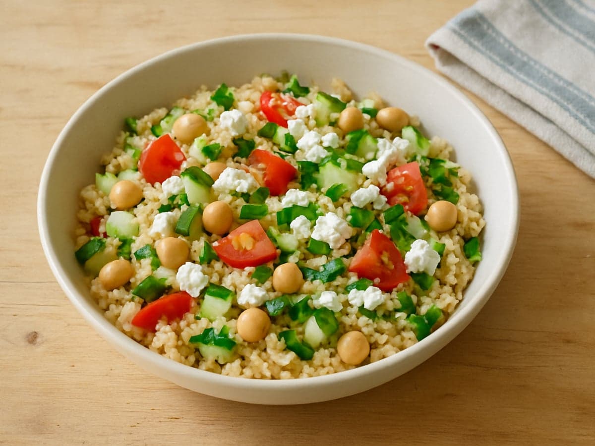 Bulgursalade met kikkererwten, komkommer en feta in een schaal