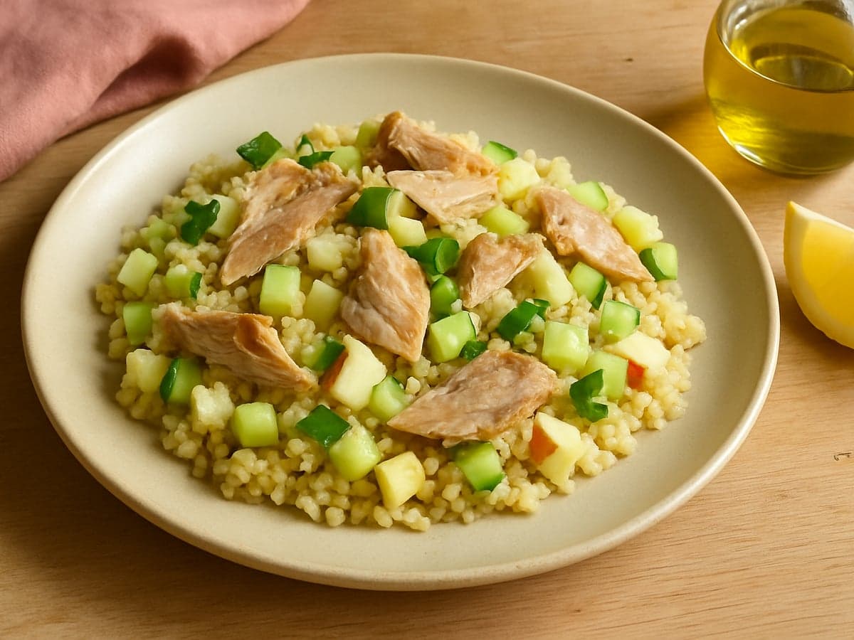 Bulgursalade met makreel en appel op een bord