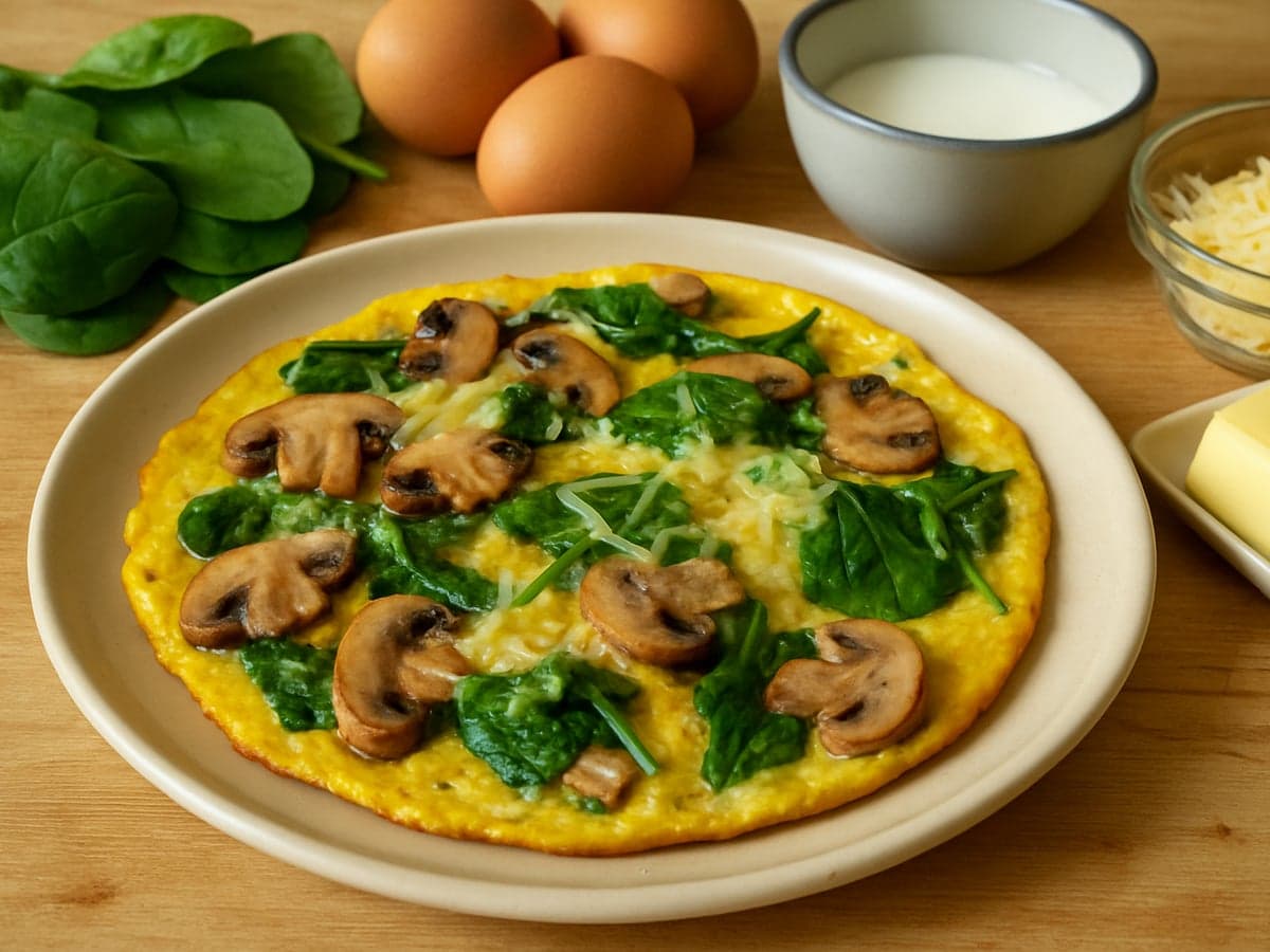 Champignon-spinazie omelet op een bord
