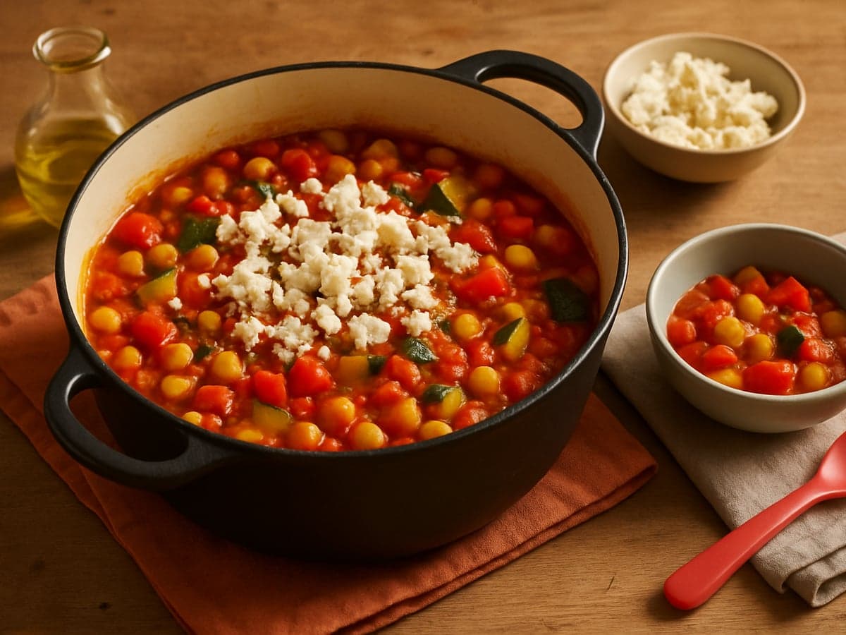 Eenpans groentestoof met kikkererwten en feta in een pan