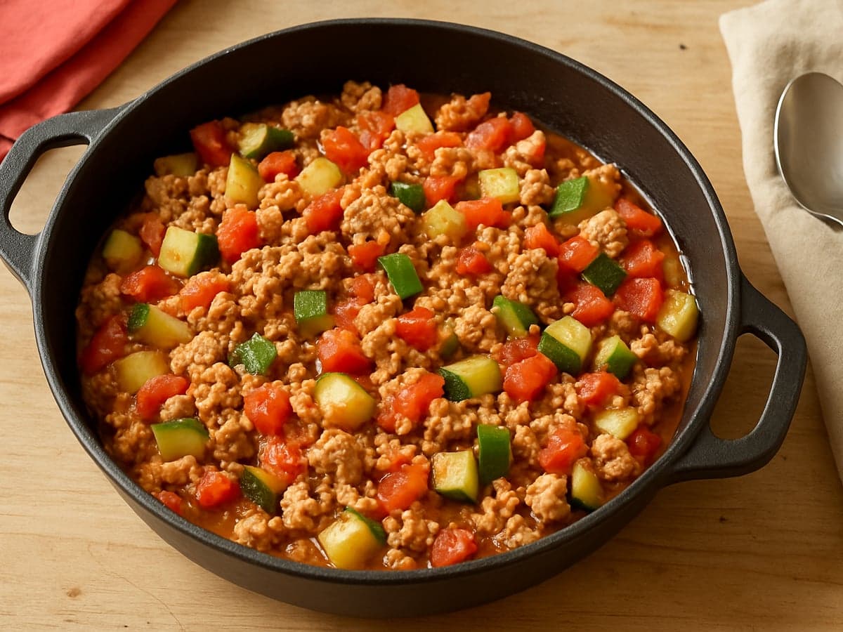 Eenpans kalkoen-groentestoof met courgette en tomaat in een pan