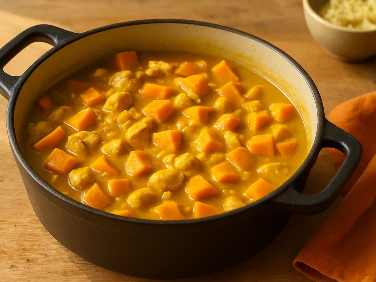 Eenpans kip-currystoof met zoete aardappel in een pan