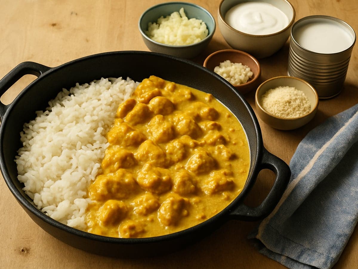 Eenpans kip-korma met rijst in een pan