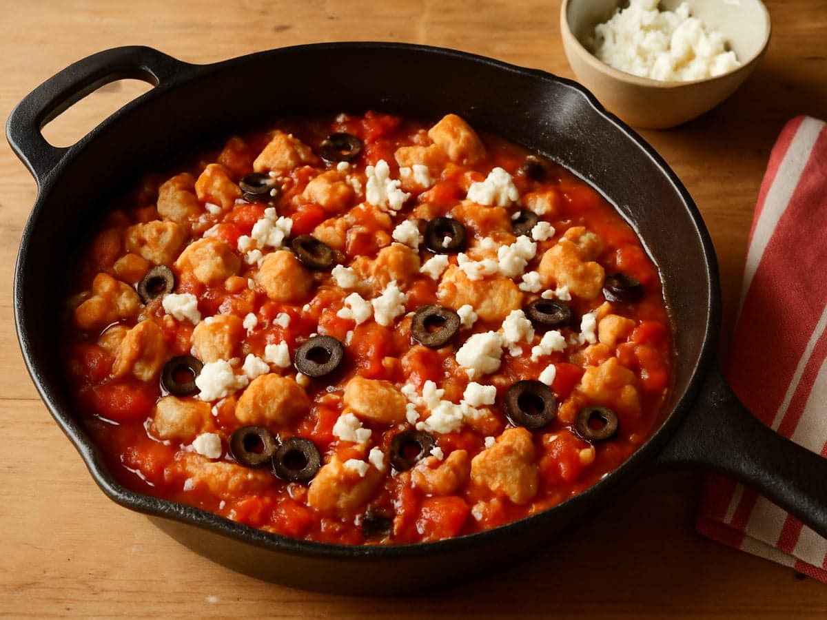 Eenpans kip-tomatenstoof met olijven en feta op een bord