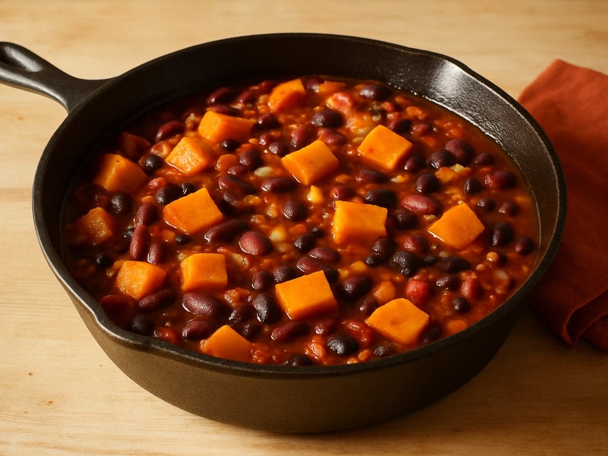 Eenpans vegetarische bonenchili met zoete aardappel op een bord