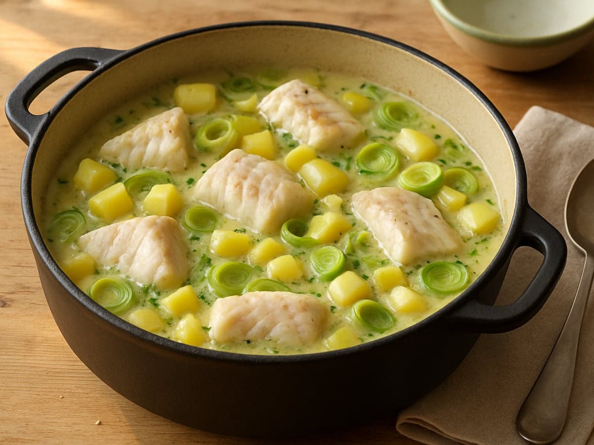 Eenpans witvisstoof met prei en aardappel in een pan