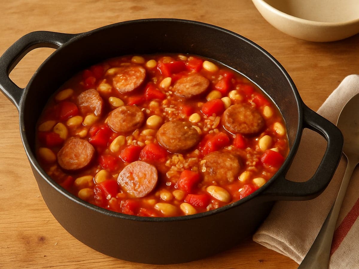 Eenpans worstenstoof met witte bonen en paprika in een pan