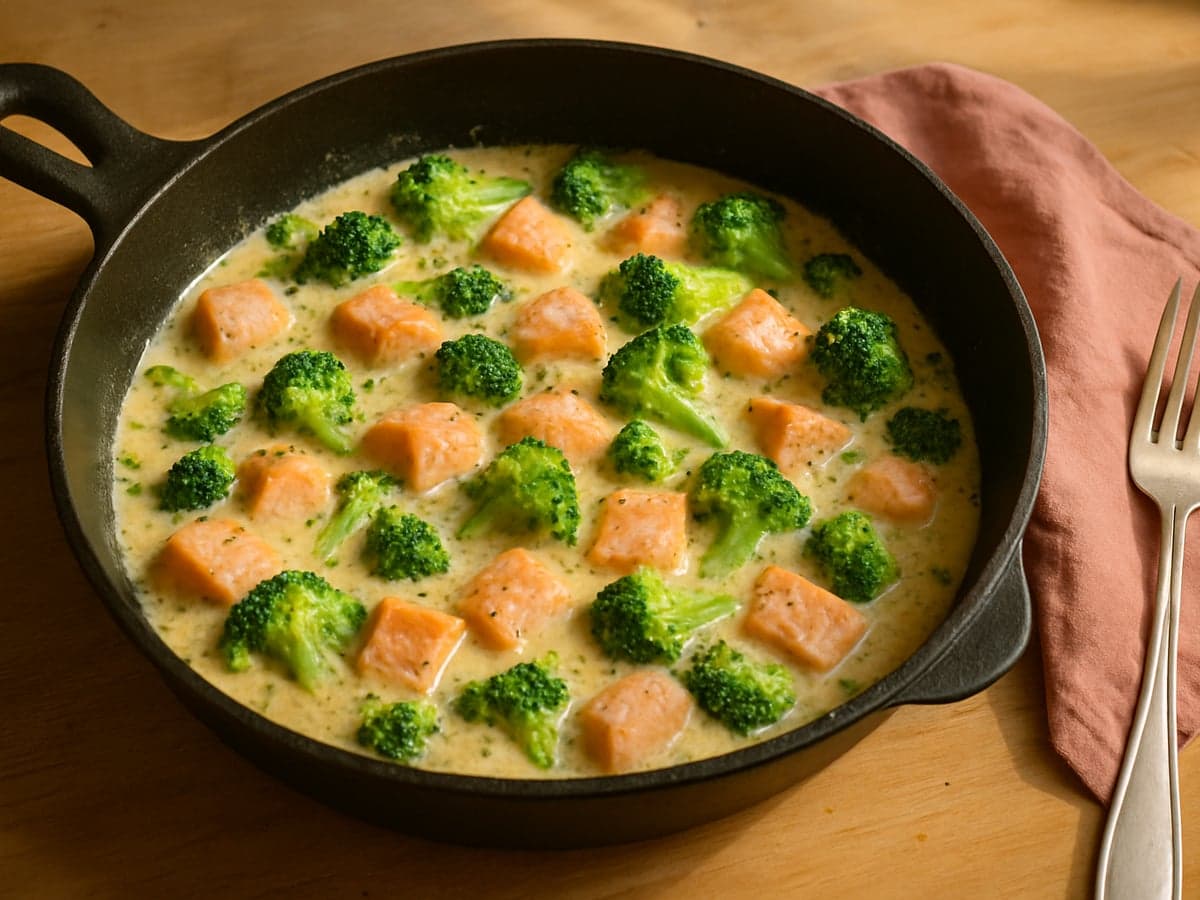 Eenpans zalmstoof met broccoli en room op een bord