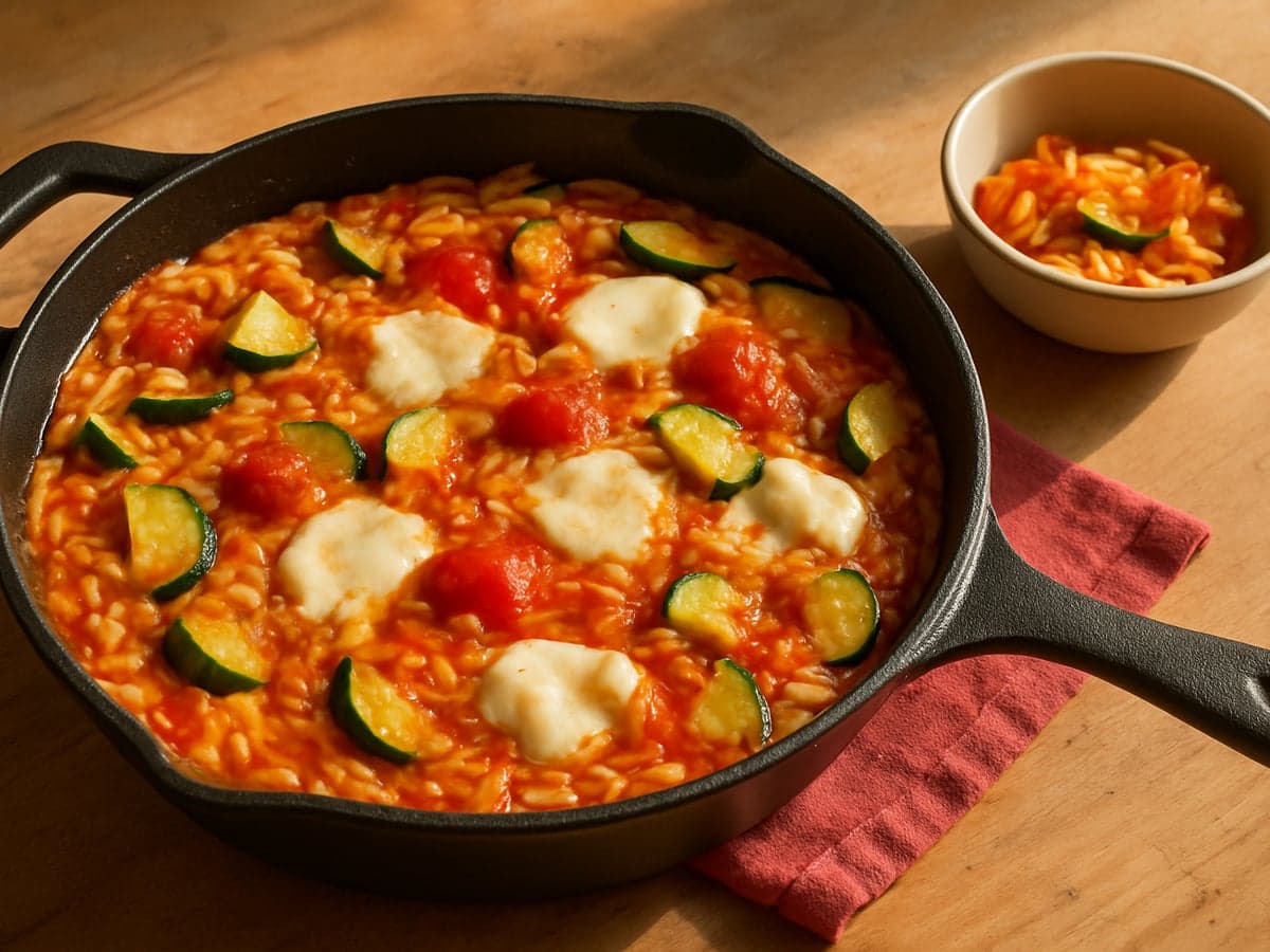 Eenpansorzo met tomaat, courgette en mozzarella in een pan