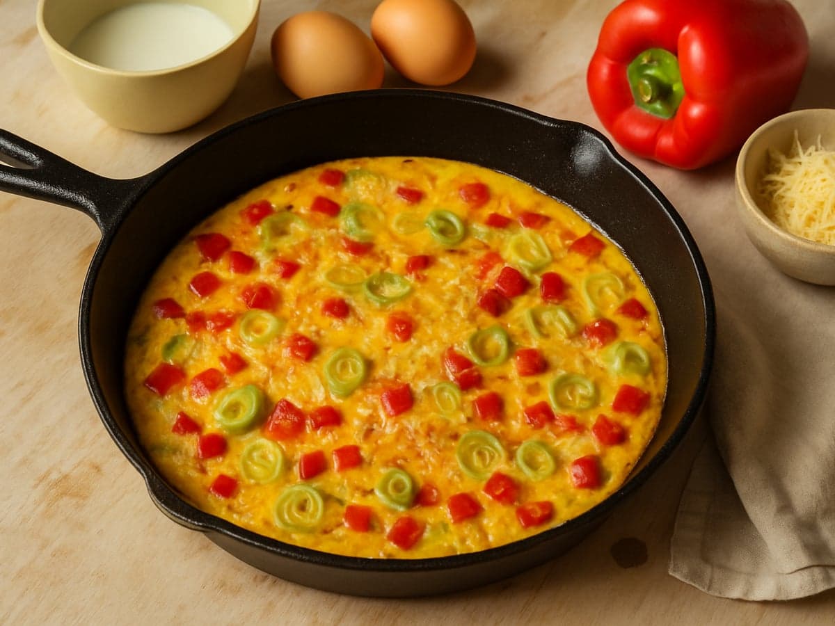 Frittata met paprika, prei en kaas in een ovenschaal
