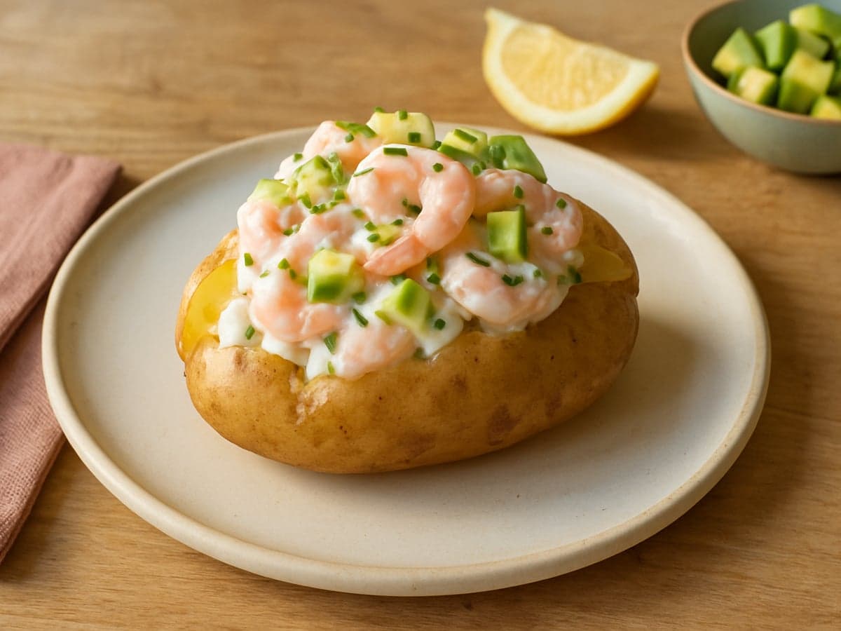 Gepofte aardappel met garnalensalade en avocado op een bord