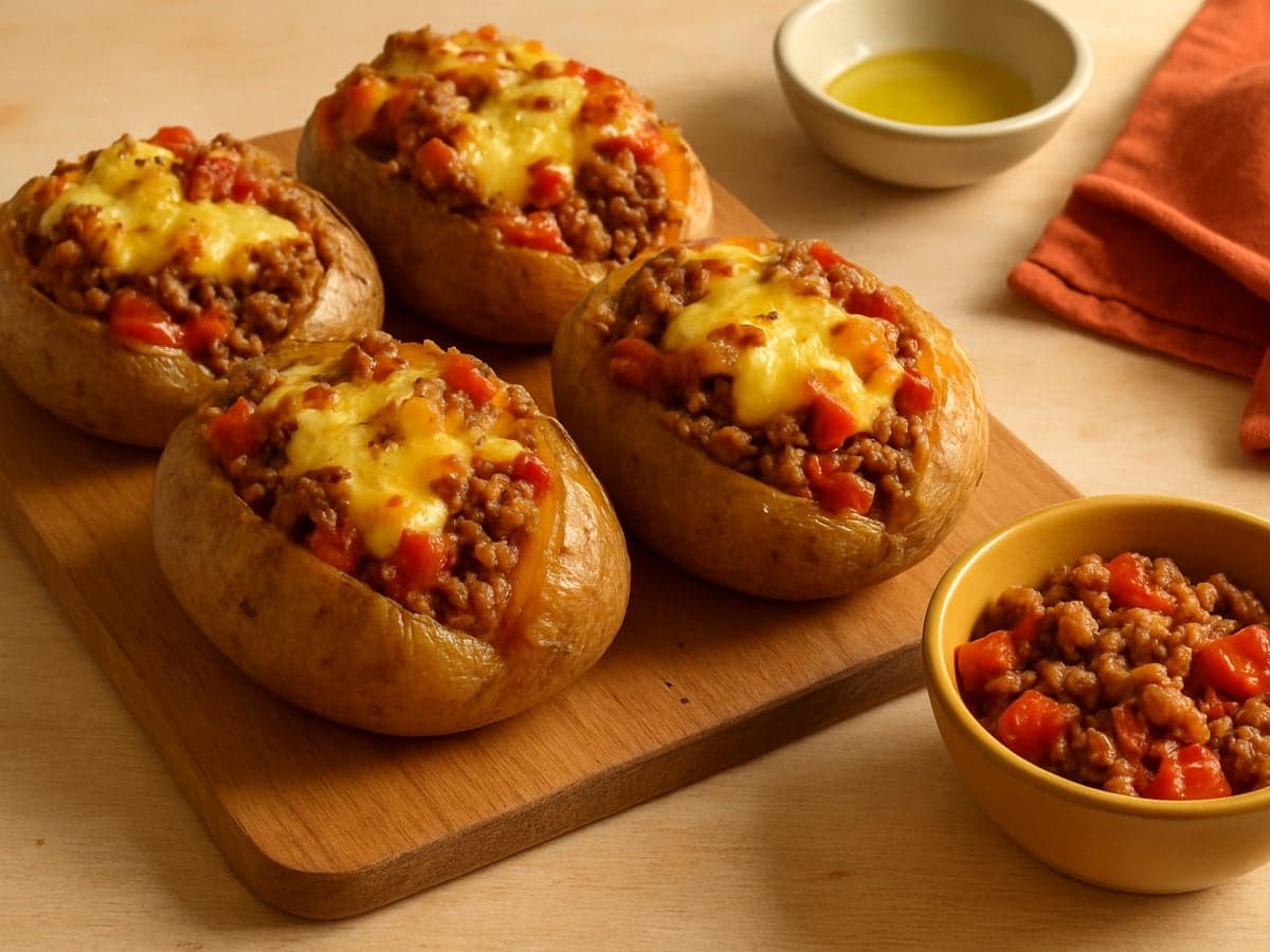 Gepofte aardappel met gehaktvulling en kaas op een bord