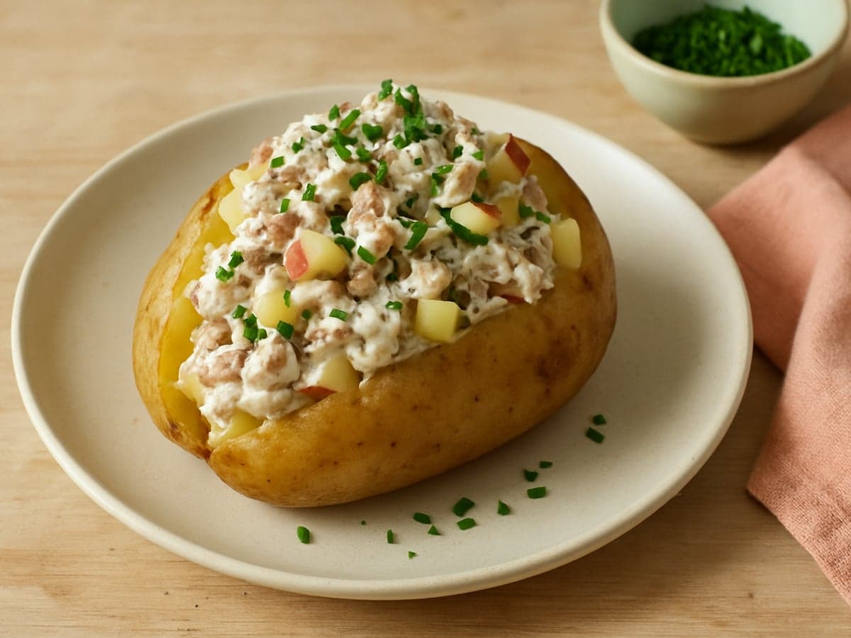 Gepofte aardappel met makreelsalade en appel op een bord