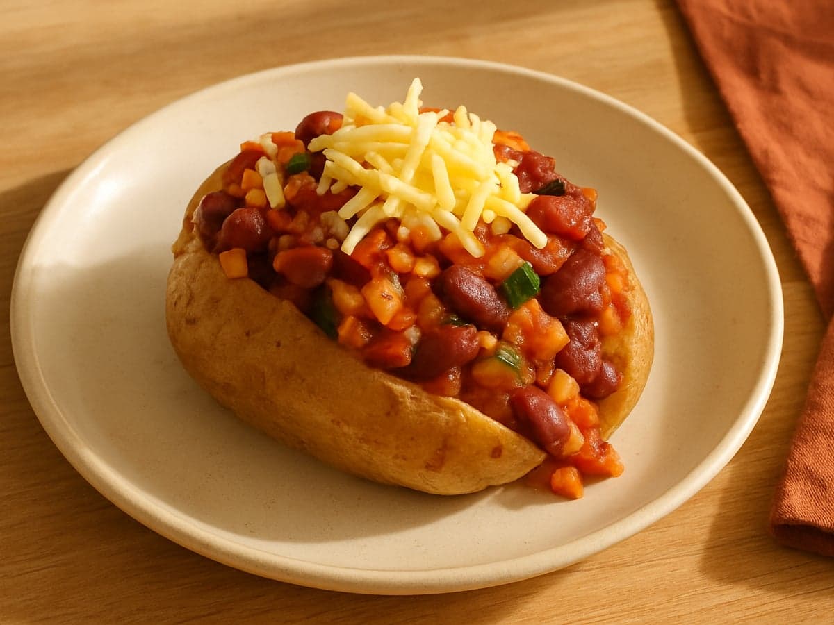 Gevulde aardappel met vegetarische chili op een bord