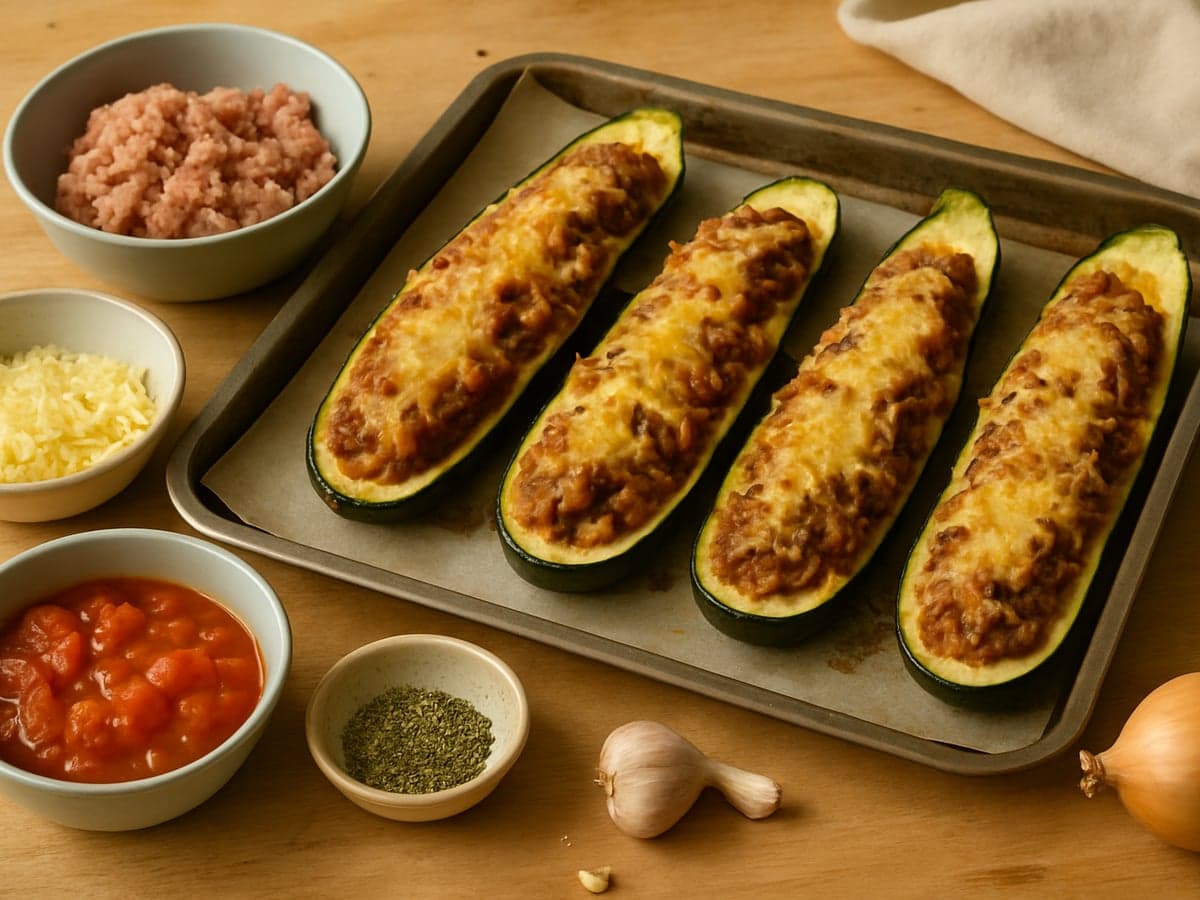Gevulde courgetteboten met gehakt en kaas op een bakplaat