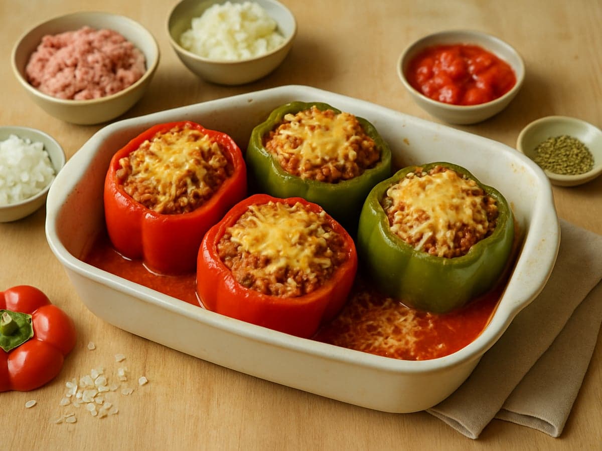 Gevulde paprika's met gehakt, rijst en tomatensaus in een ovenschaal