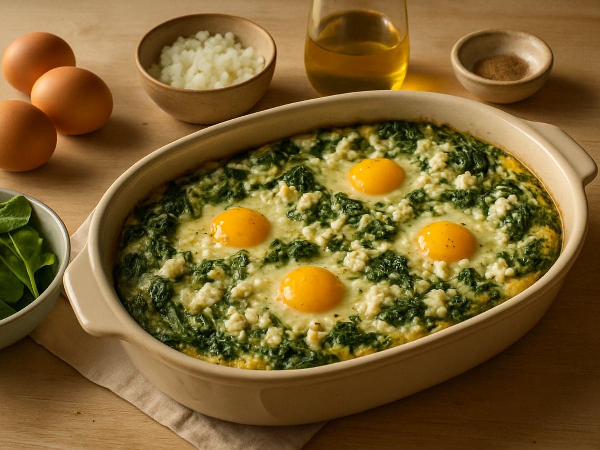 Griekse ovenschotel met spinazie, ei en feta in een ovenschaal