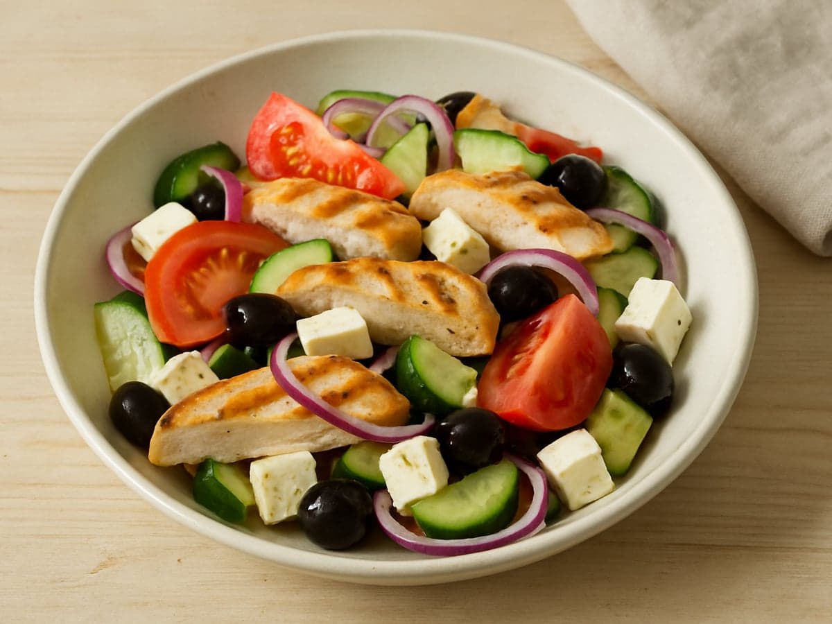 Griekse salade met kip en olijven in een schaal