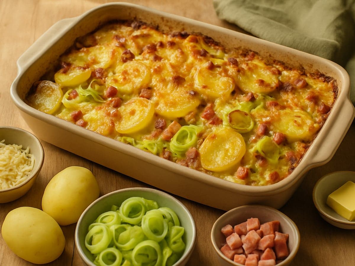 Hollandse aardappelschotel met prei en spek in een ovenschaal