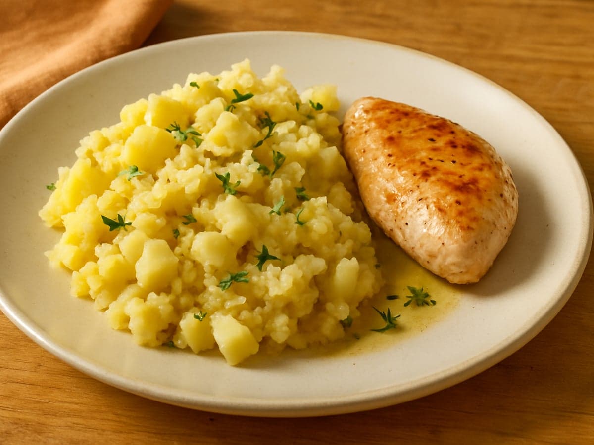 Knolselderijstamppot met kipfilet op een bord