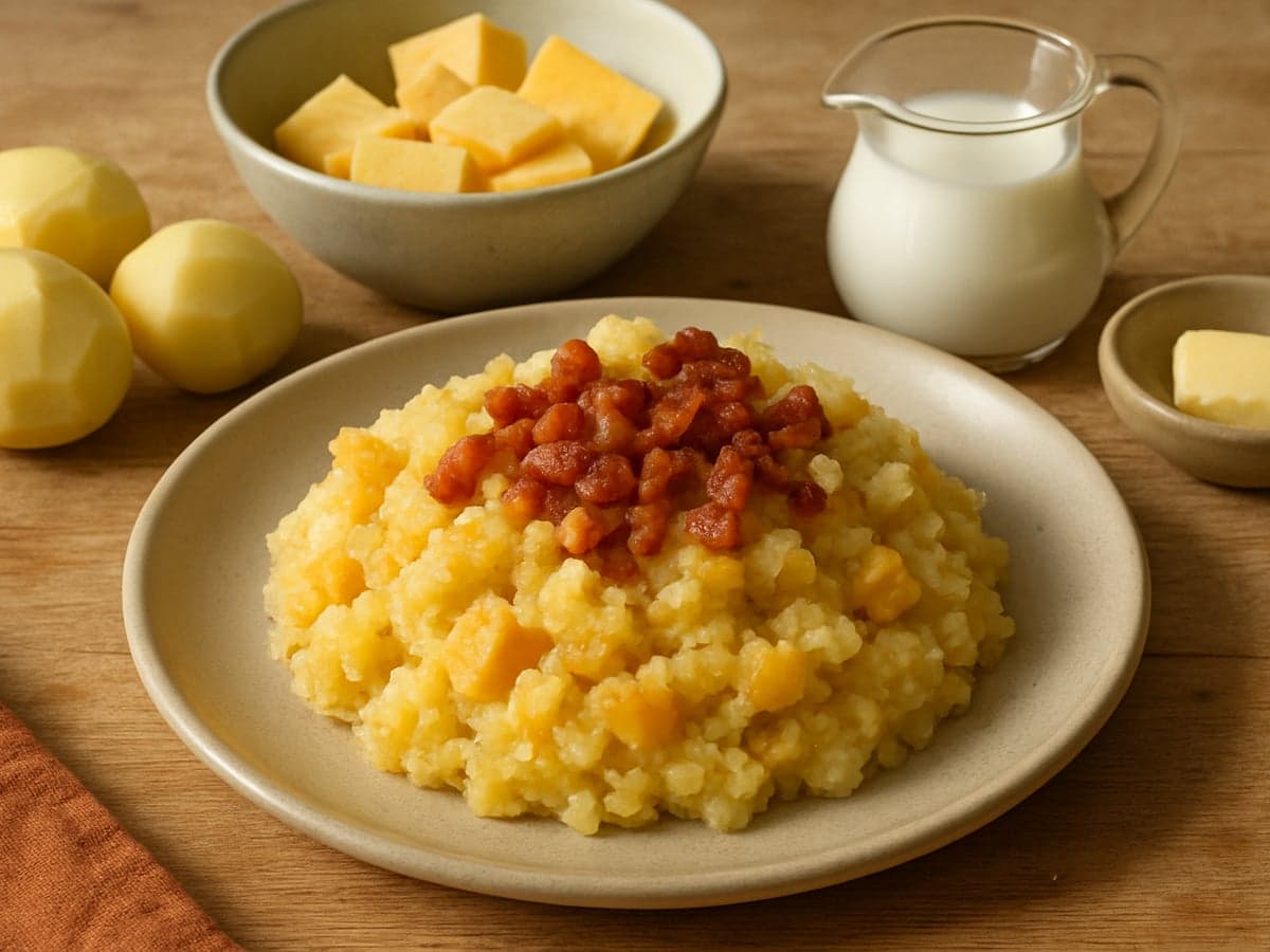 Koolraapstamppot met spekjes op een bord