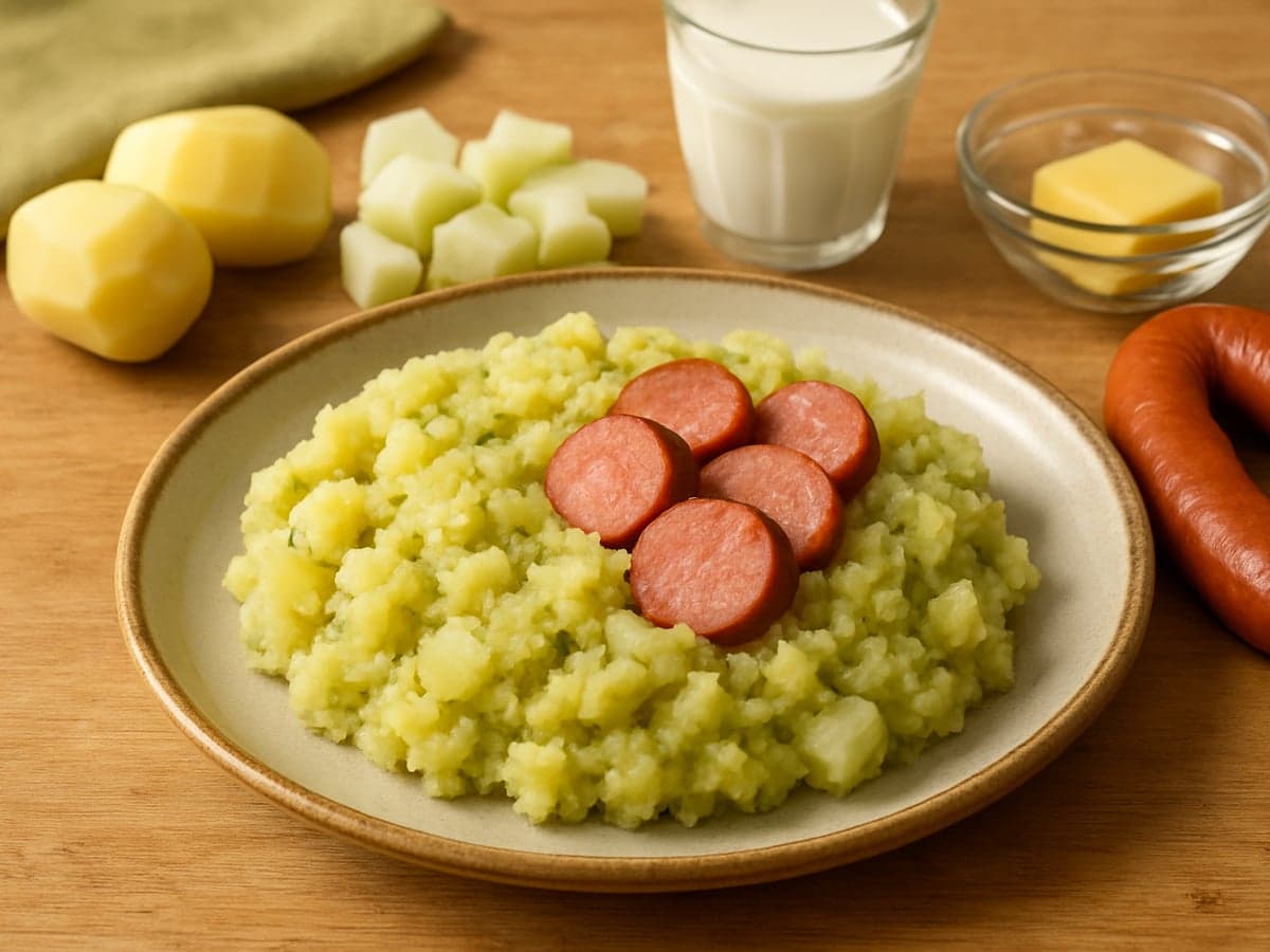 Koolrabistamppot met gerookte worst op een bord