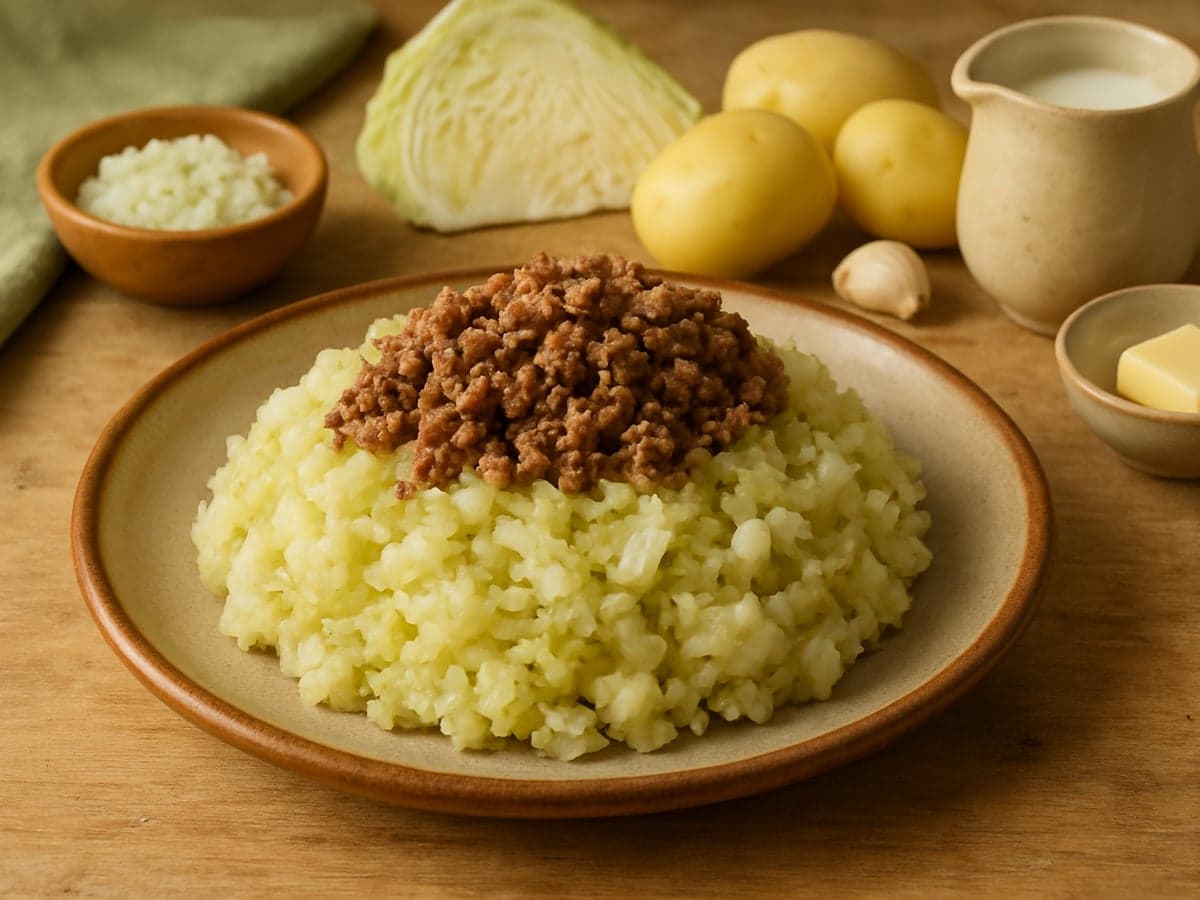 Koolstamppot met gehakt op een bord