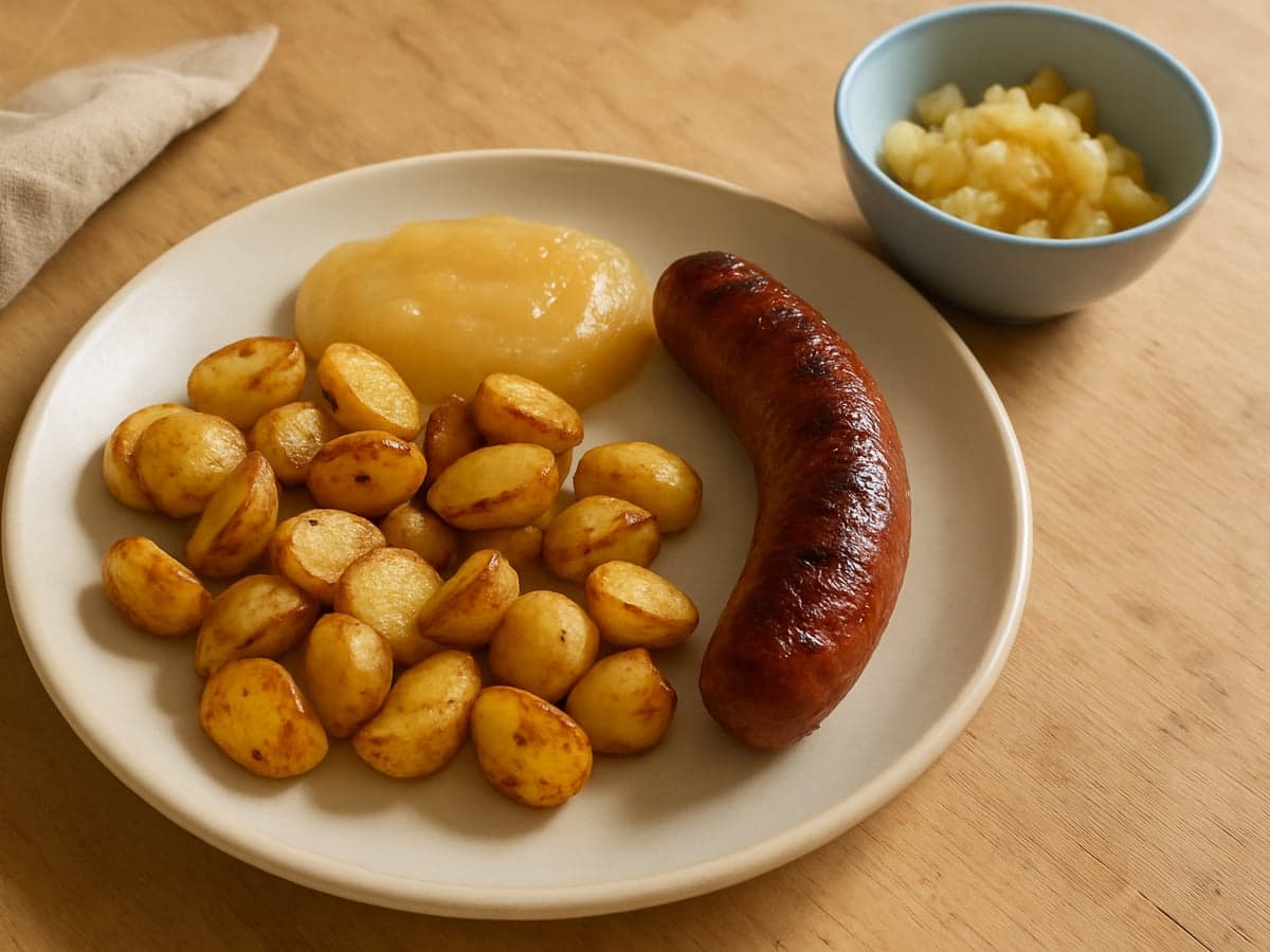Krieltjes met gegrilde worst en appelmoes op een bord