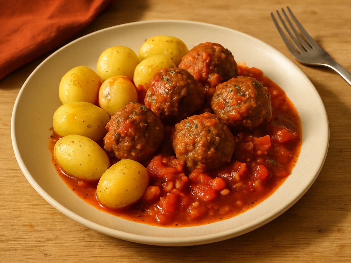 Krieltjes met gehaktballetjes en tomatensaus op een bord