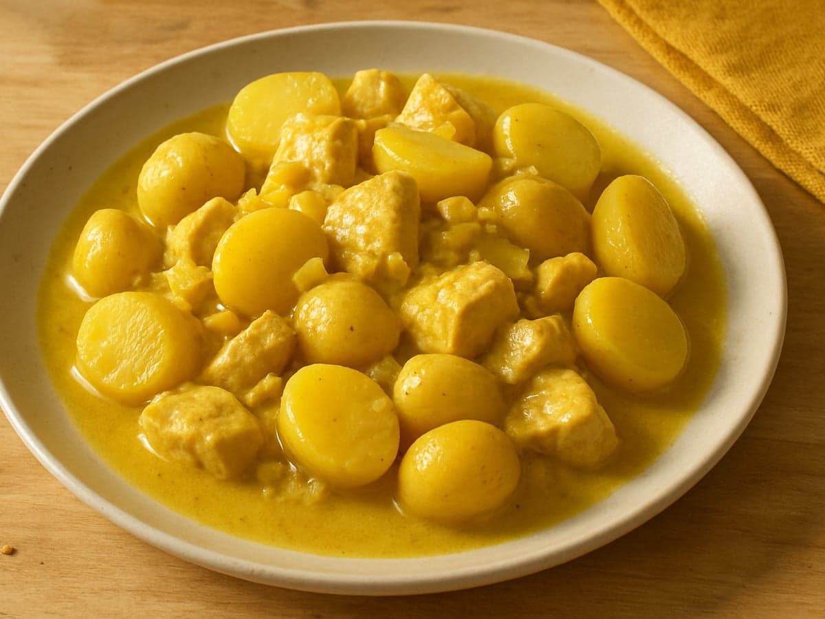 Krieltjes met kip-kerriesaus op een bord