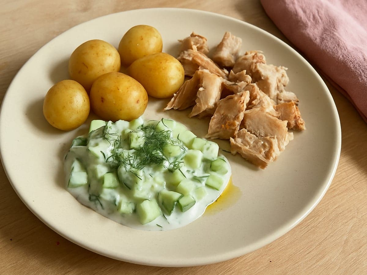 Krieltjes met makreel en komkommersalade op een bord