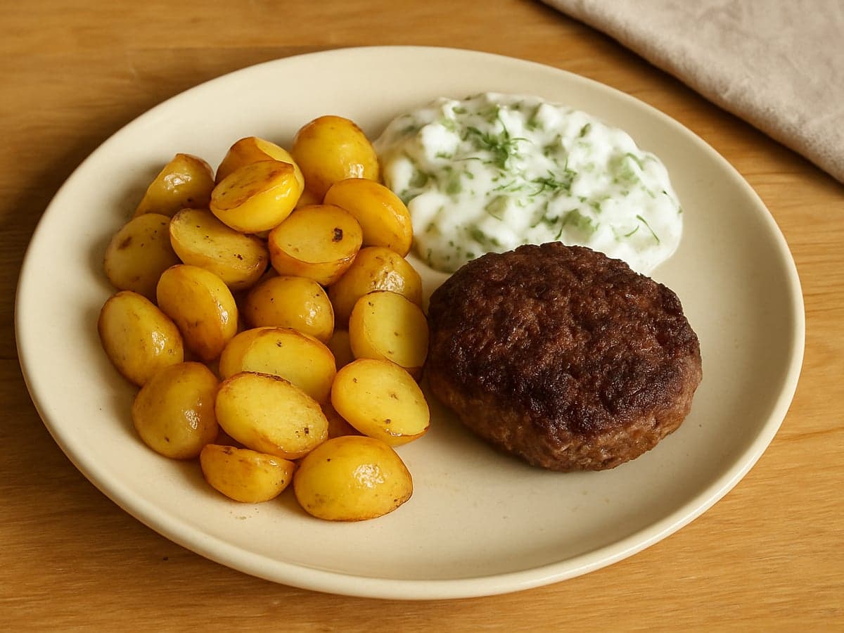 Krieltjes met runderburger en komkommer-yoghurtsaus op een bord