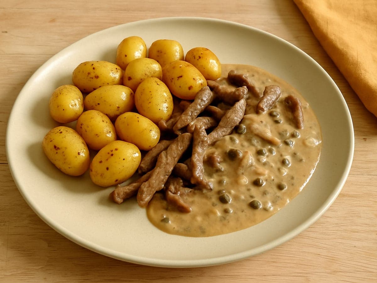 Krieltjes met runderreepjes en pepersaus op een bord