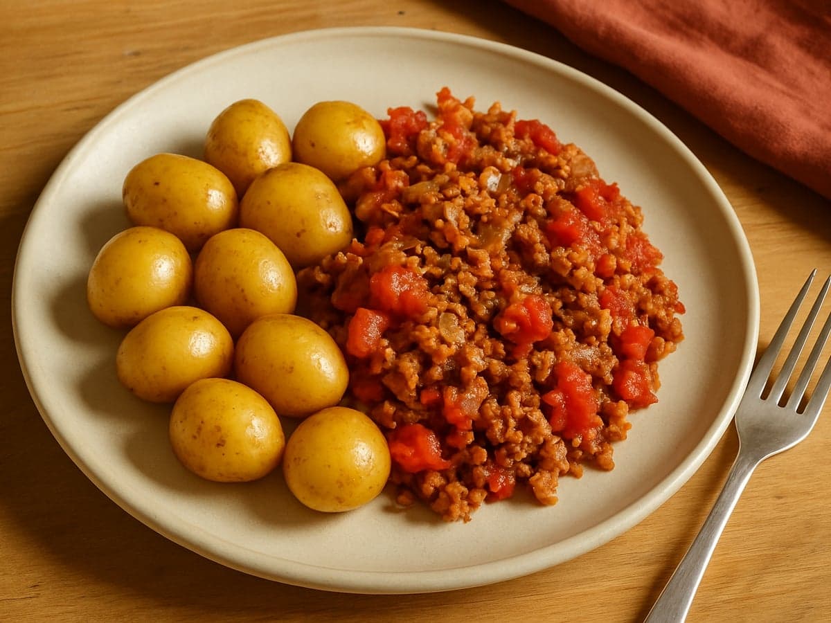 Krieltjes met vegetarisch gehakt en tomatensaus op een bord