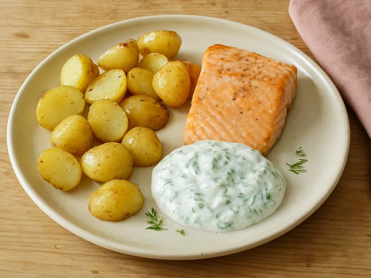 Krieltjes met zalmfilet en dille-yoghurtsaus op een bord