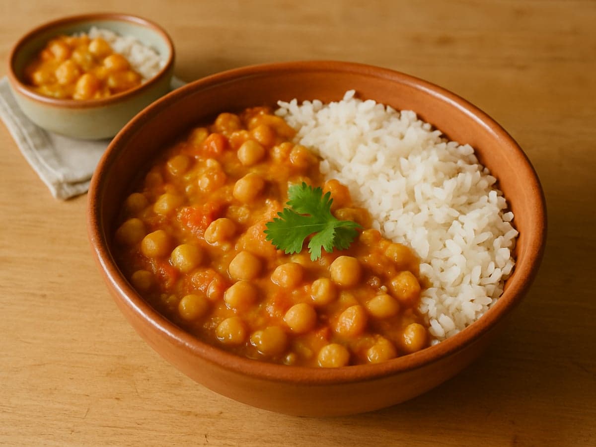 Milde kikkererwtencurry met rijst in een schaal