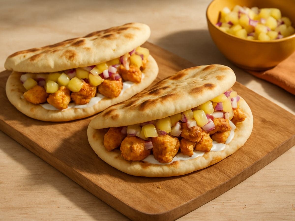 Naanbroodjes met kip-tikka en ananassalsa op een bord