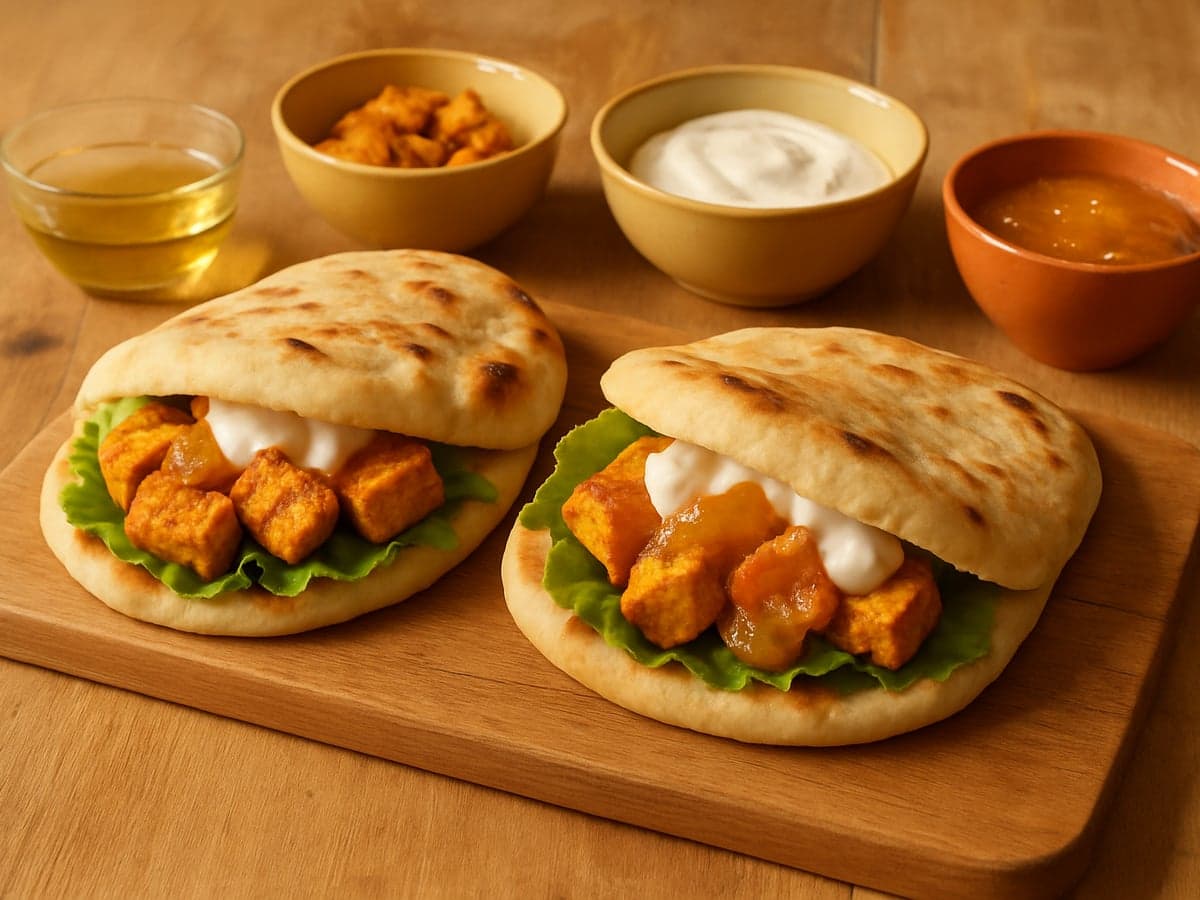 Naanbroodjes met paneer tikka en mango-chutney op een bord