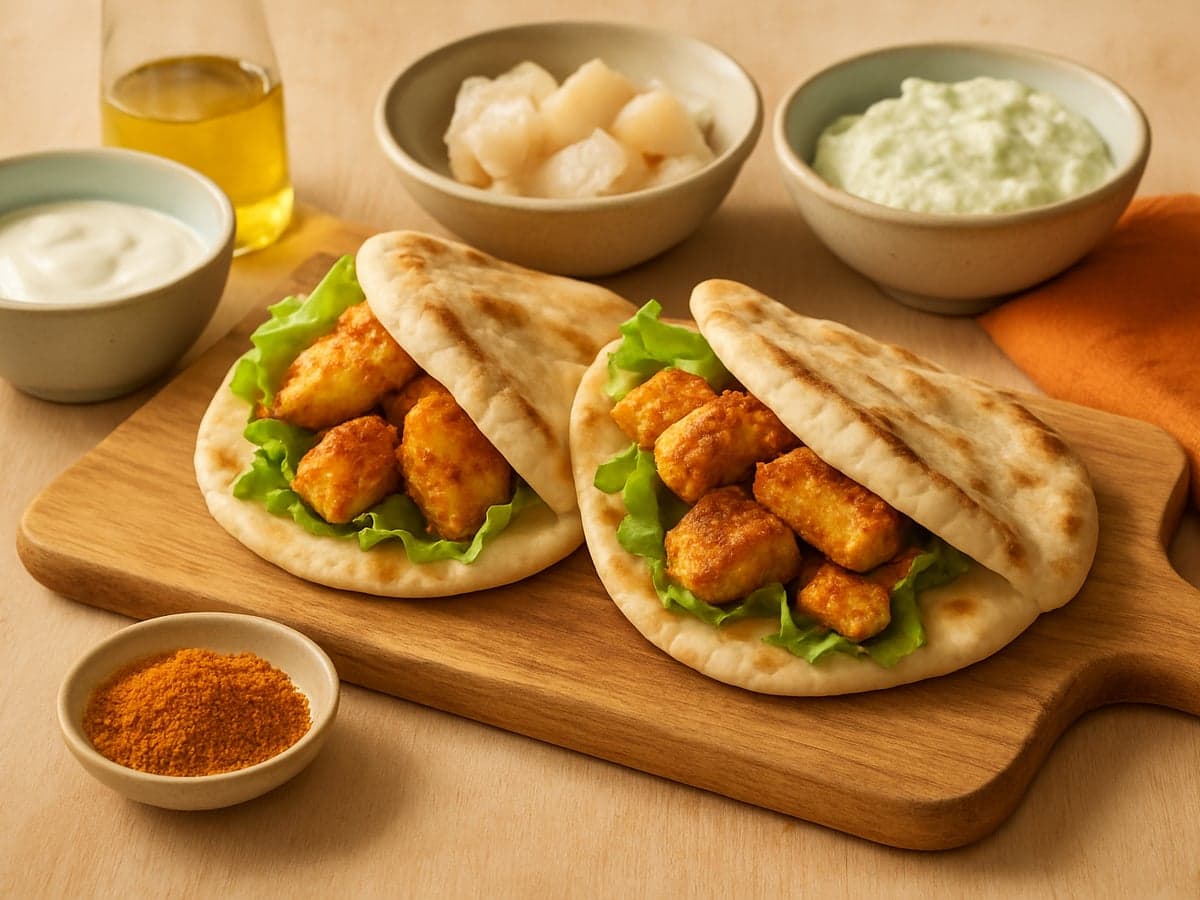 Naanbroodjes met vis-tikka en raita op een bord