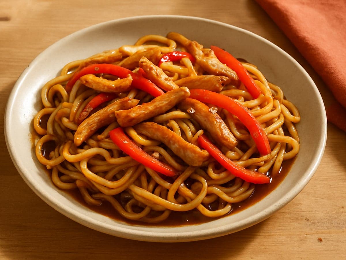 Noedels met kalkoenreepjes, paprika en teriyakisaus op een bord